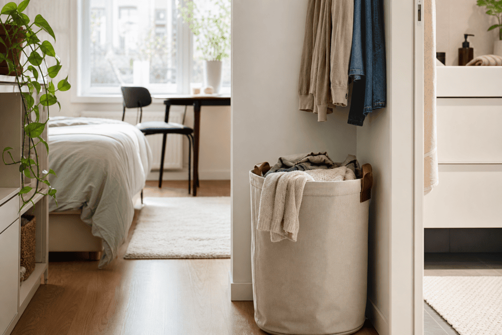 Wat is een handige plek voor een wasmand in een kleine woning?