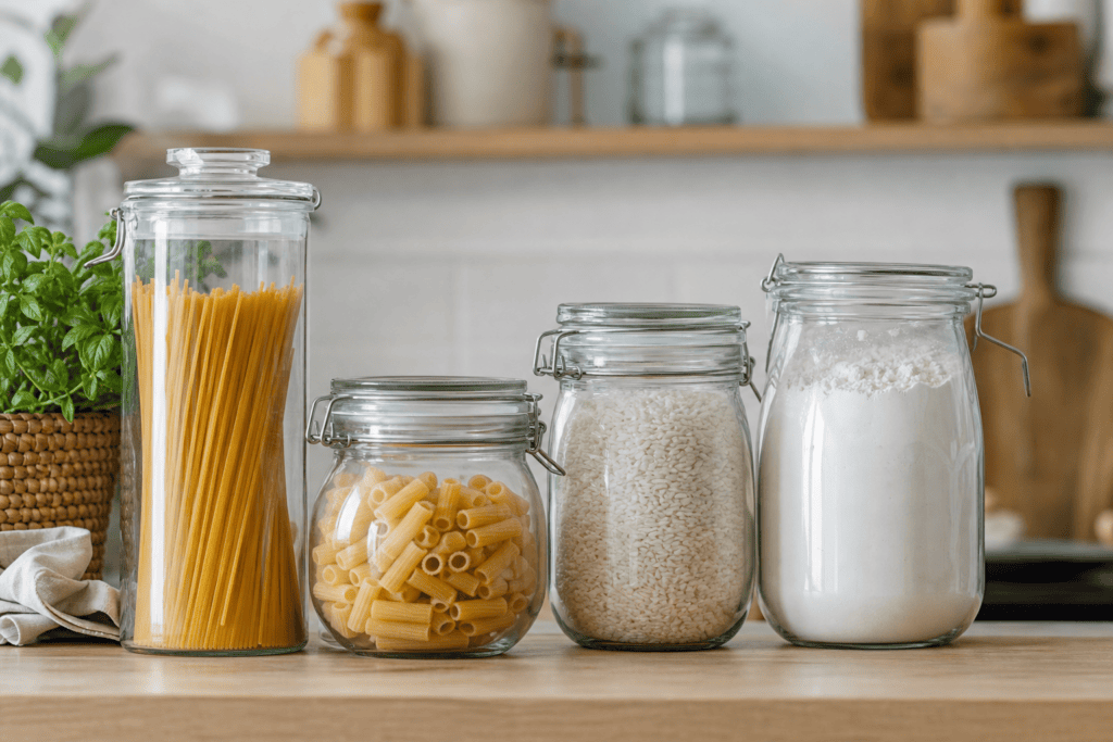 Welke voorraadpotten zijn praktisch voor pasta, rijst en meel?